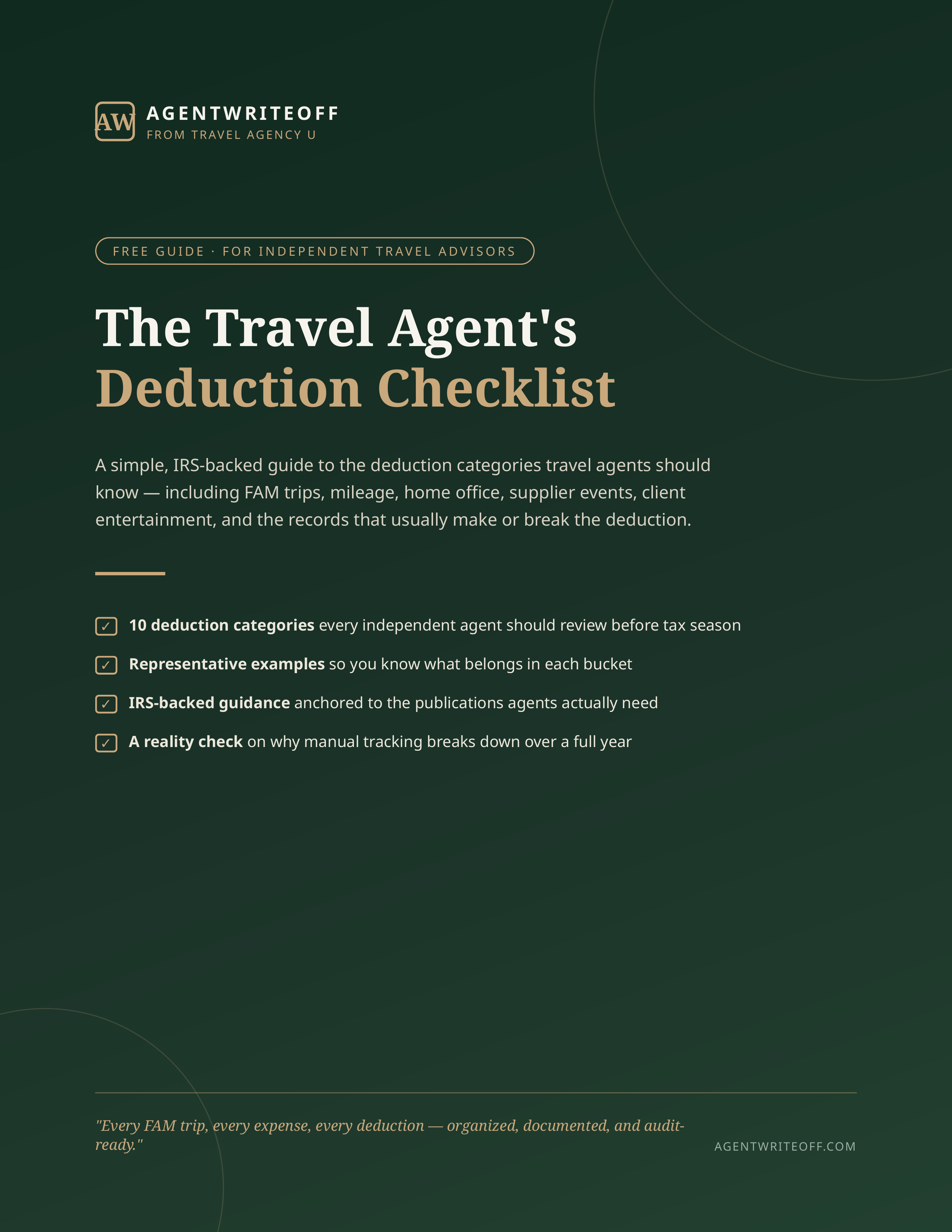 The Travel Agent's Deduction Checklist — PDF cover showing deduction categories for independent travel advisors